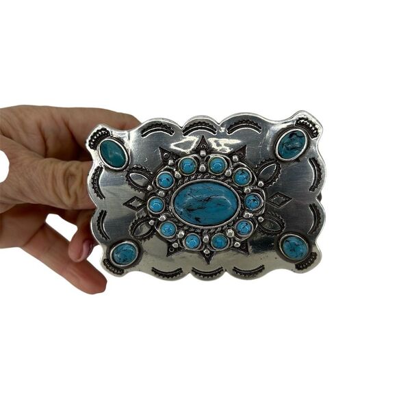 GUESS Woman's Brown Leather Belt w/ Turquoise Buckle Size Large Western Vintage - Picture 2 of 16